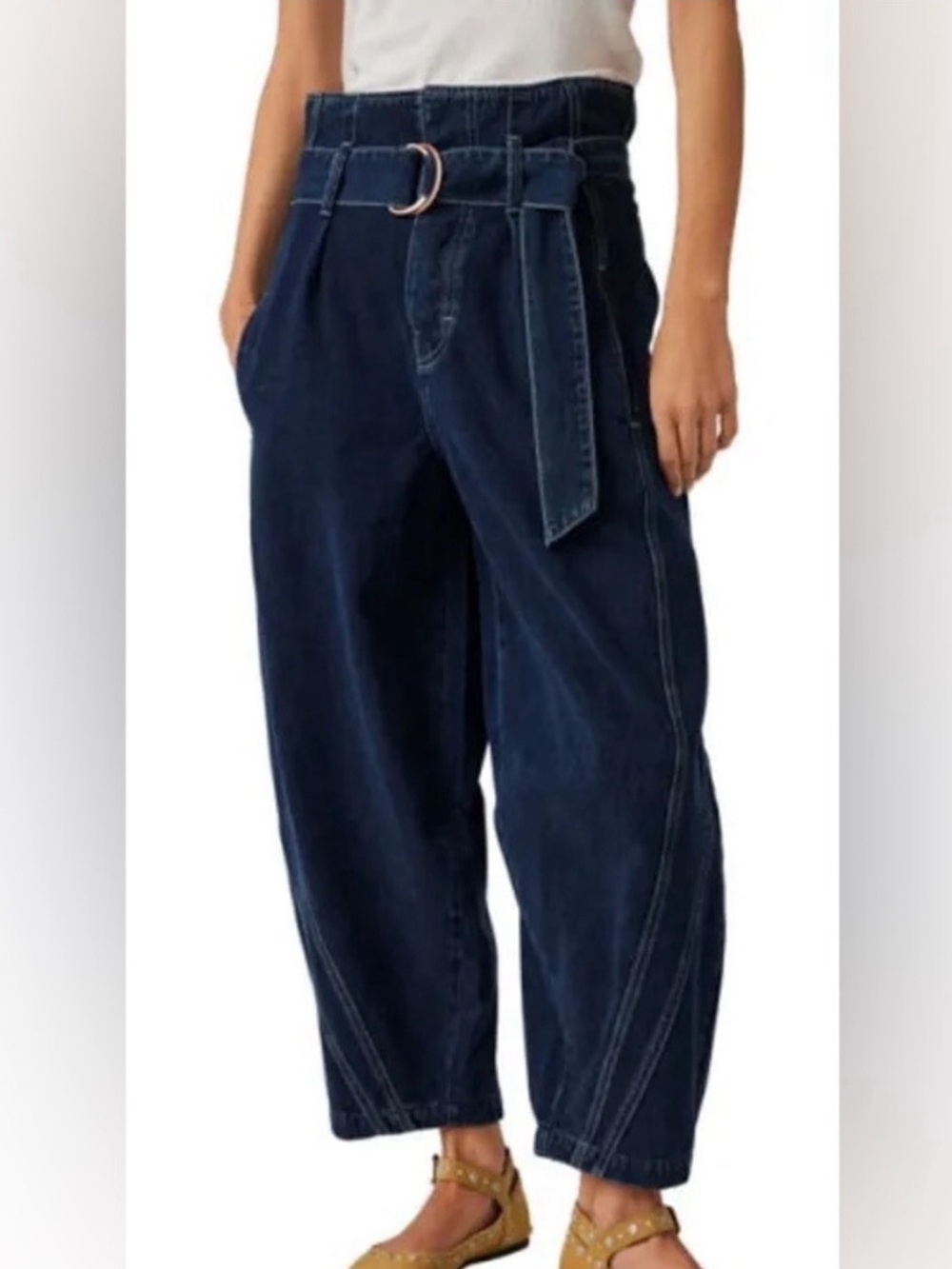 Free People Dark Blue High-Waist Wide Leg Jeans with Belt